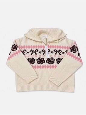 House of Harlow 1960 Cream Sweater with Pink and Dark Brown Rose Pattern